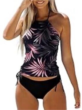 🆕 Tropical Print Halter Tankini Swim Set NWOT